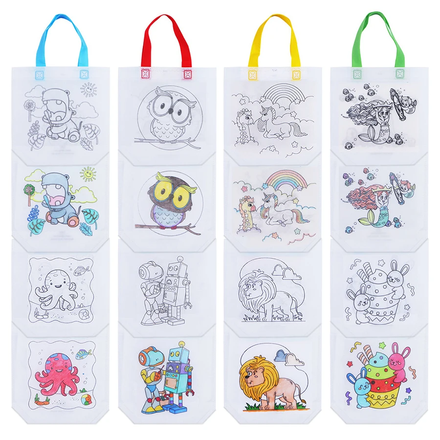 5-20pcs DIY Non-woven Fabric Graffiti Bag with 6-color Mini Pen Reusable Birthday Party Gift Bag Painting Drawing Goodie Bags 4