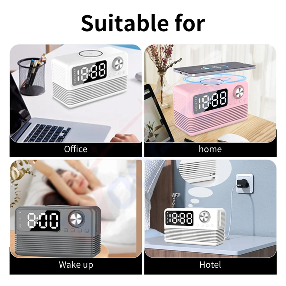 Wireless Charger Radio Time Alarm Clock LED Digital 15W Fast Charging Dock Stati