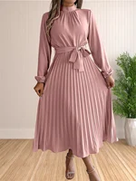 Women's Long Dresses Summer Elegant Pleated Long Sleeveed Lace Up Dresses Beach Boho Wrap Ruffle Hem Swing Sundress - Image 5