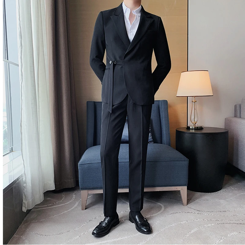 

2024 Spring Men Suit Two Piece (Coat+Pants）Blazer Peaked Lapel Sky Blue Black Leisure Jacket Slim Fit Groomsmen Costume Homme