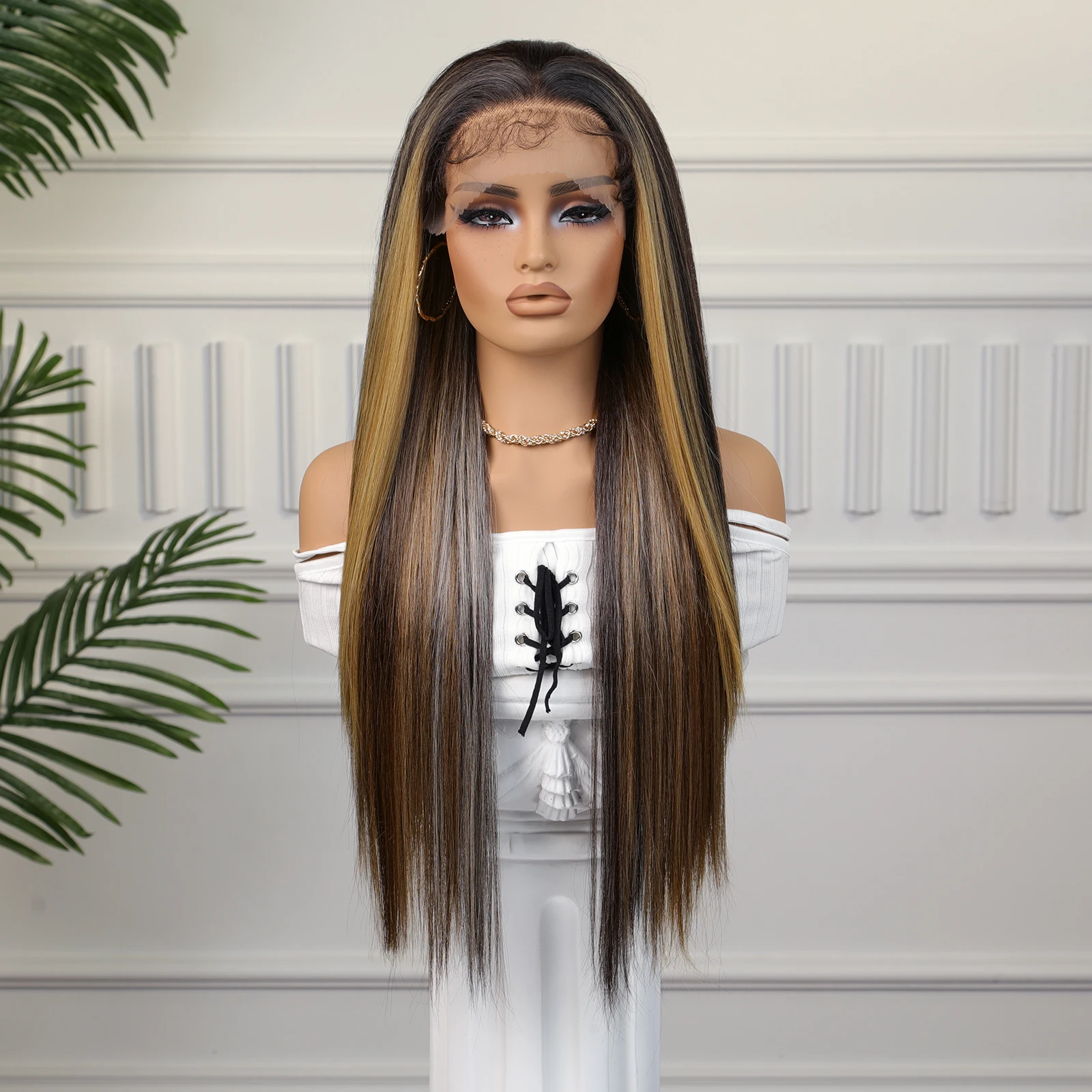 13x4 Lace Front Wigs Brown Highlight Golden Synthetic Long Straight Wig with Baby Hair for Women Cosplay180 Density CharmSource