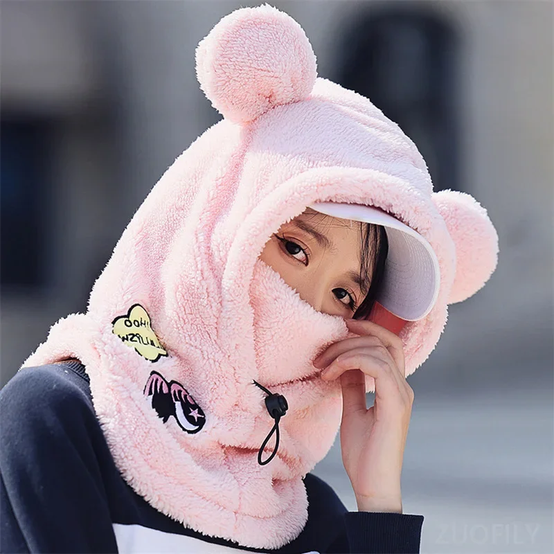 3D Bear Ear Skiing Helmet Cover Panda Skiing Plush Hats Comfortable Soft Wool Winter Outdoors Cute Riding Mask Keep Warm Caps 2