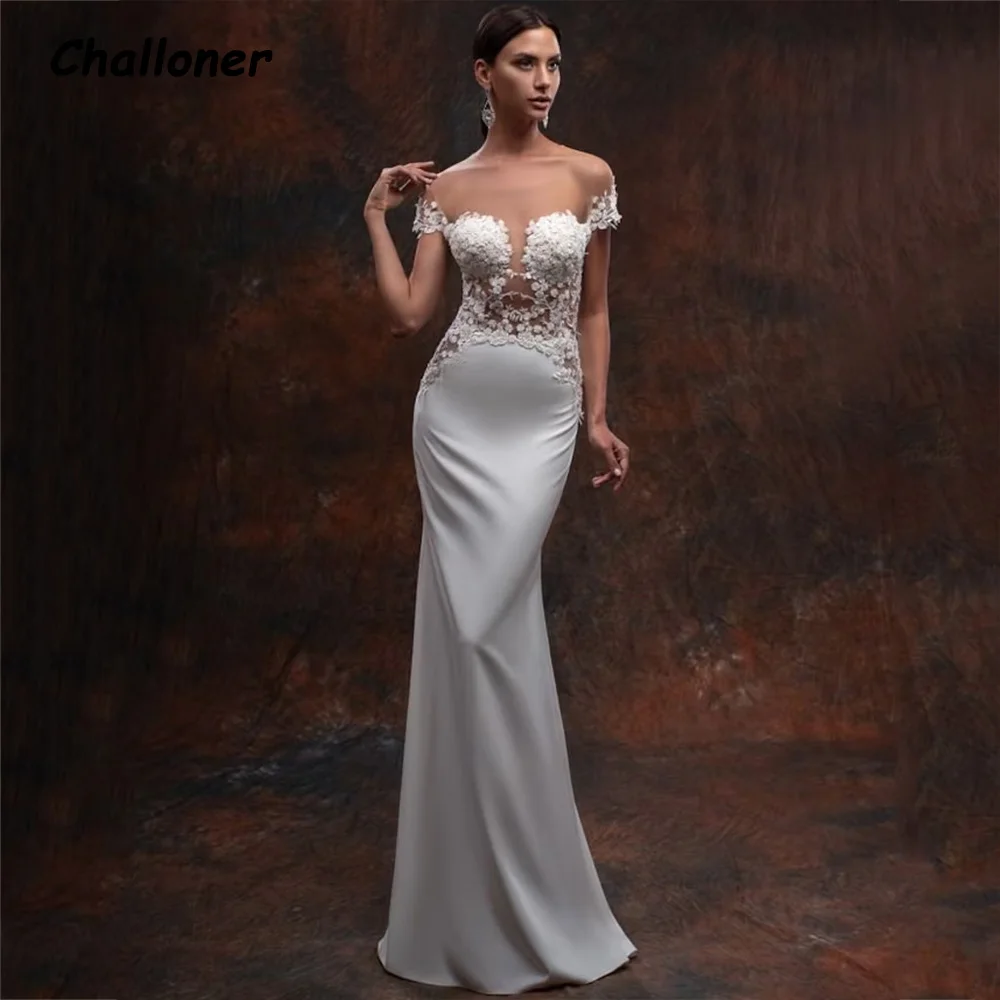 

Challoner Modern Mermaid Wedding Dress O-Neck Short Sleeves Appliques Button Illusion Bridal Gown Floor Length Vestidos De Novia