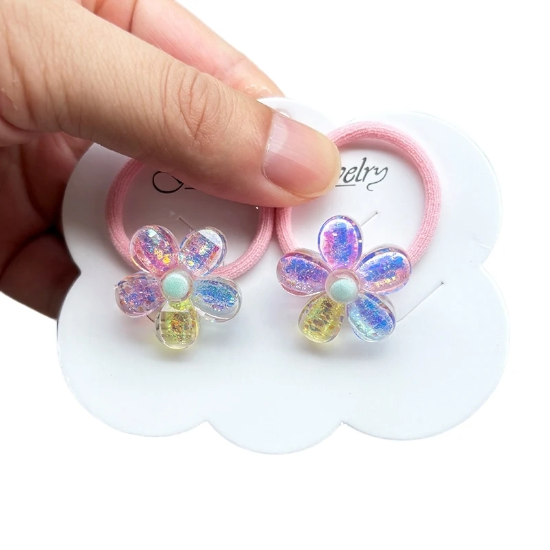 Set of 2 Colorful Floral Hair Clips and Elastic Bands