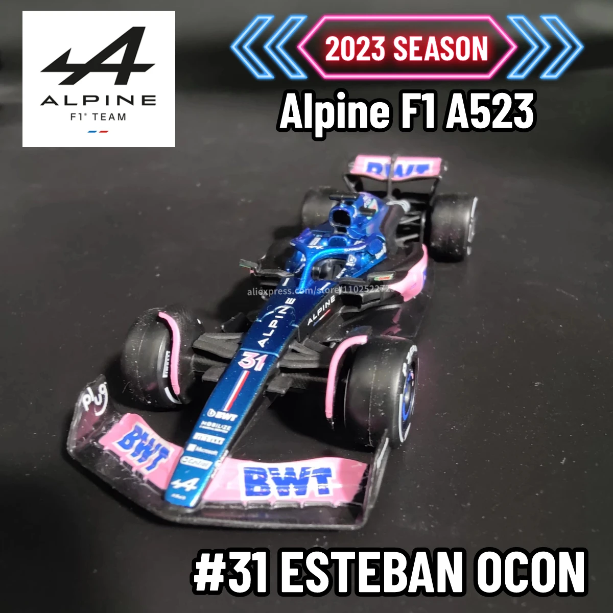 Bburago 1:43 Scale F1 2023 Car Model Alpine A523 Replica Diecast Formula 1 French Team Miniature Vehicle Interior Xmas Gift Toy