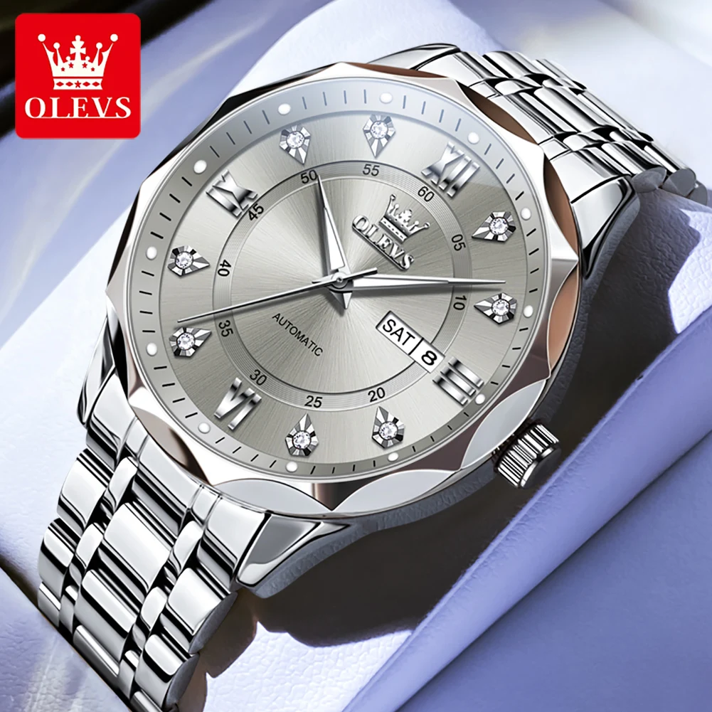 OLEVS 6727 Herrenuhren, Business-Mode, originelle automatische mechanische Uhr für Herren, graue Doppelskala, wasserdicht, leuchtendes Datum