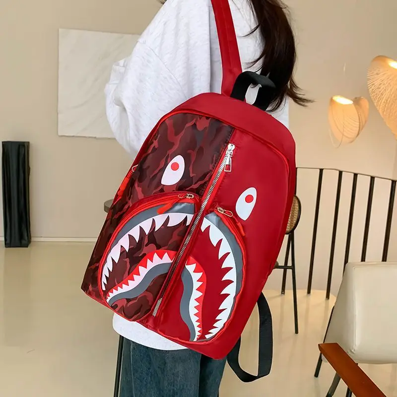 

Creative shark print school bag student boys girls funny satchel waterproof daypack unisex schoolbag with shark light backpacks