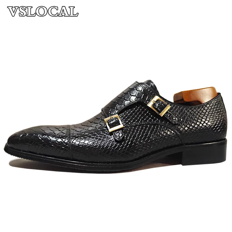 Luxury Men's Loafers Shoes Snake Prints Formal Dress Men Casual Shoes Black Brown Genuine Leather Double Monk Men leather shoes