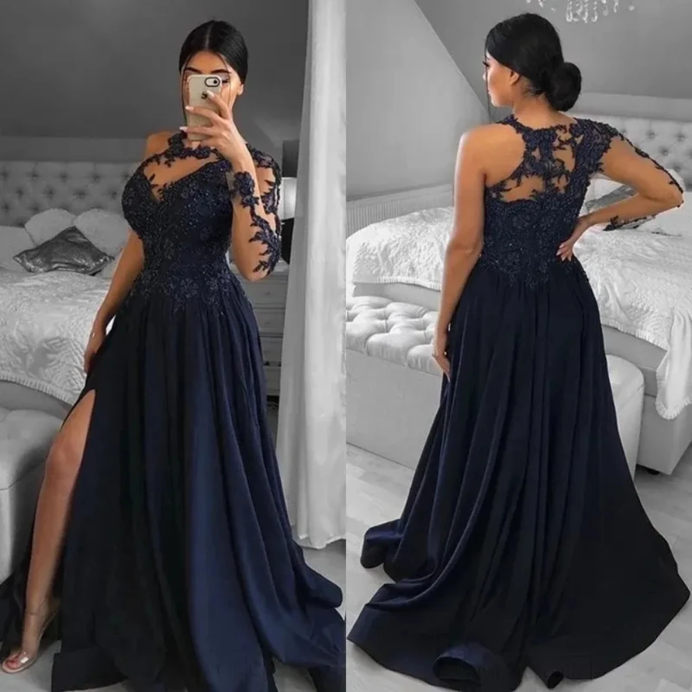 

Navy Blue Evening Dresses One Shoulder Side Slit O-Neck Long Sleeves Lace Appliques Sequined Satin Sweep Train Party Prom Gowns