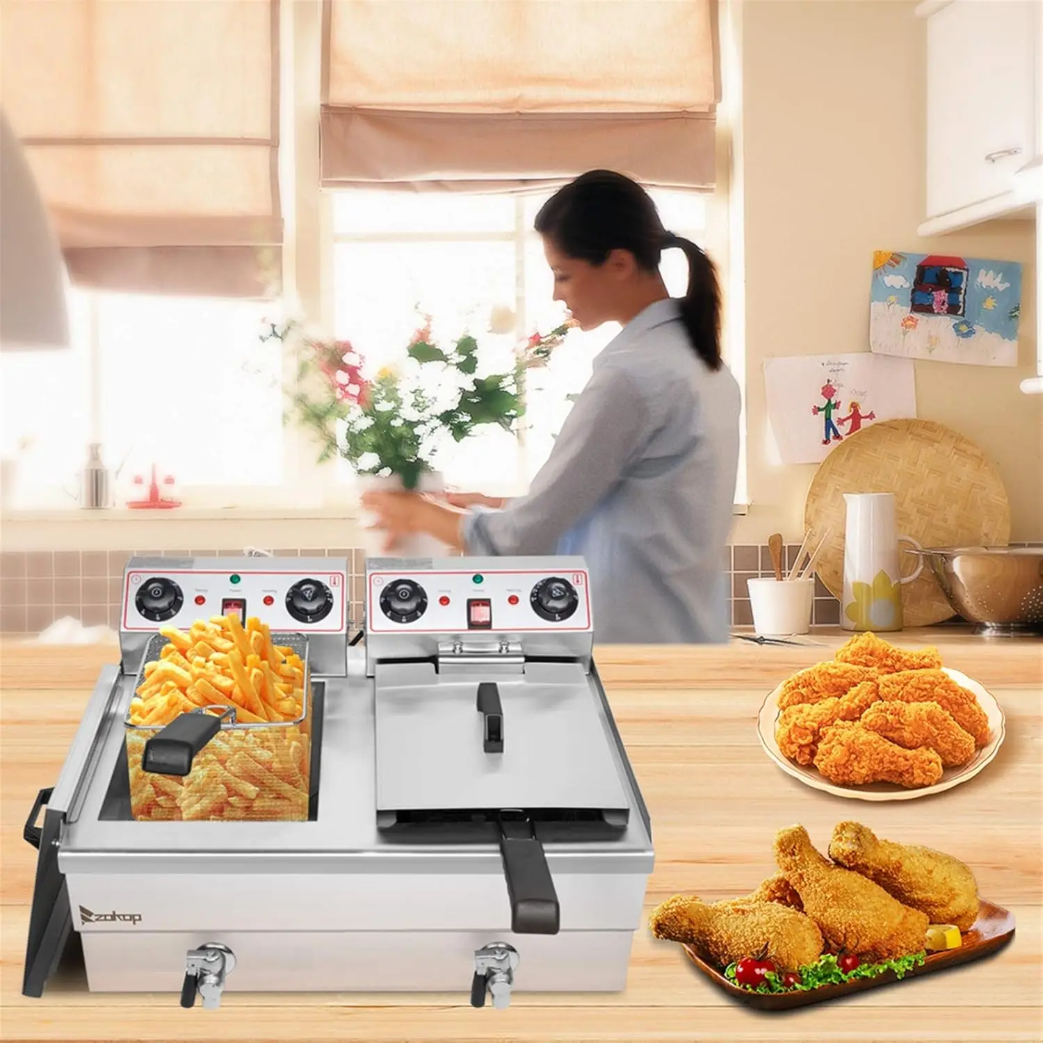 25QT/23.6L Commercial Deep Fryer with Basket and Lid, 3400W Electric Fryer with Adjustable Temperature & Timer, Stainless Steel