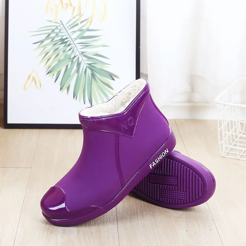 Feerldi brand ankle fur rubber boots women's purple short rainshoes non-slip wateproof winter rain boots