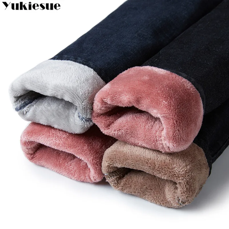 

Oversized Winter Warm Jeans woman Pants For Women Gold Fleeces Thickening Hot Denim Pants High Waist Mom Jean Trousers Female