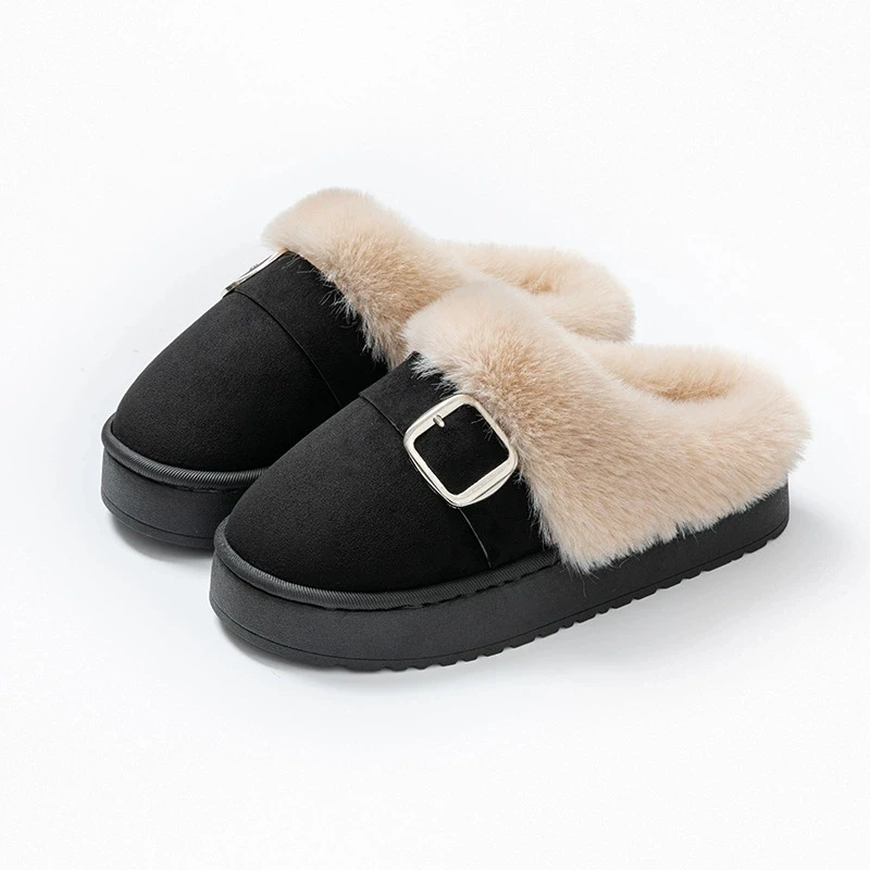Khaki Faux Suede Fluffy Slippers Women Round Toe Thick Bottom Fur Slippers Woman Comfortable Warm Indoor Bedroom Shoes Ladies