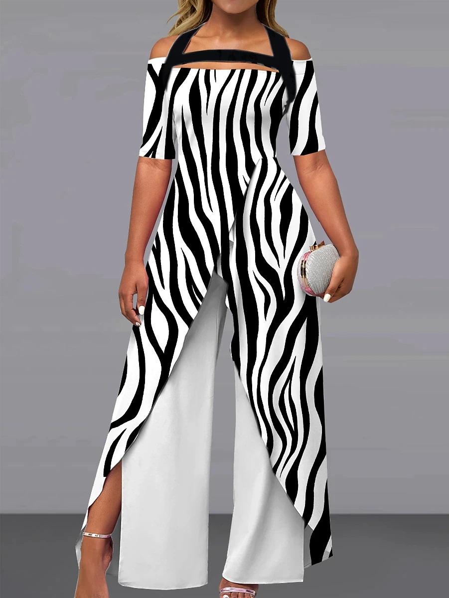 Female Elegant Wide Leg Party Fashion Office Lady Jumpsuit Casual Short Sleeve Print Romper Bodysuitposter girl Jumpsuits