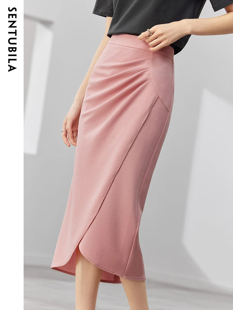 SENTUBILA Summer Empire Women Split Hem Straight Skirt 2023 Pleated Asymmetrical Solid Basic Korean Fashion Elegant Midi Dresses