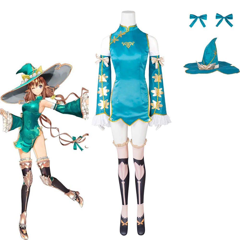 

Game Shining Resonance Cosplay Rinna Mayfield Costume Women's Blue Dress Cheongsam with Hat Accessory Halloween Outfit