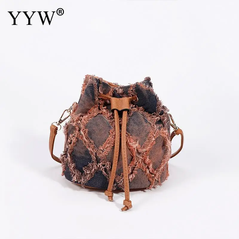 Casual New Fashion Tassel Handbag Bucket Bag Quality Retro Design Denim Bag For Women Denim Clutch Chain Shoulder Crossbody Bag