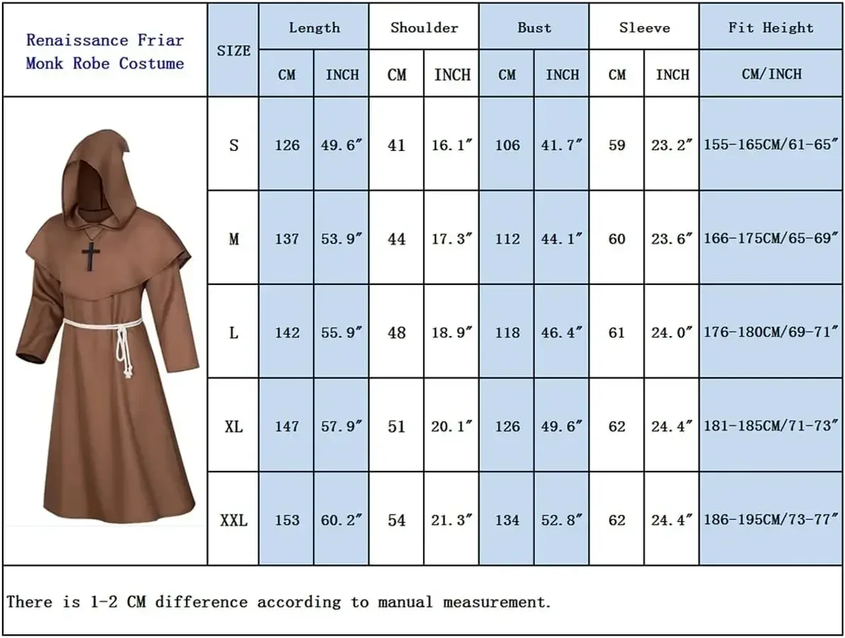 Medieval Monk Hood Cloak Sorcerer Priest Costumes Halloween Robe Wizard Knight Cape Adult Teens Outfit Party Props Set