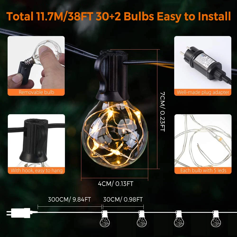 11.7M 32bulbs Outerdoor String light ,LED G40 Ball String Lights 8 mode Waterproof Outdoor Garden Garland Lights