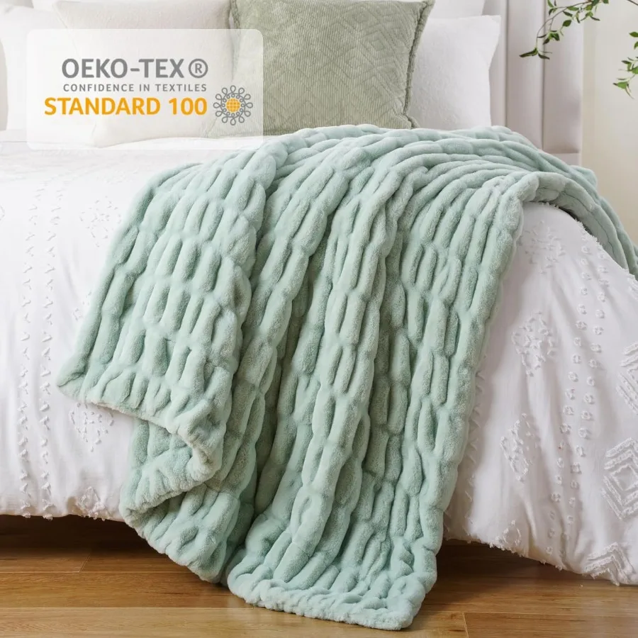 Sage Green Faux Fur Throw Blanket for Bed Super Soft Cozy Mink Fur Blanket Double Side Ruched Rabbit Fur Blanket for Couch Bed