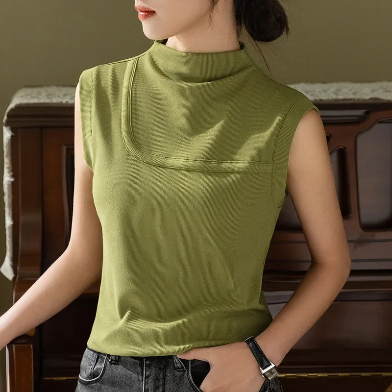 

2023 new style womens temperament half-high collar solid color t-shirt design sense stitching received waist jacket gray22