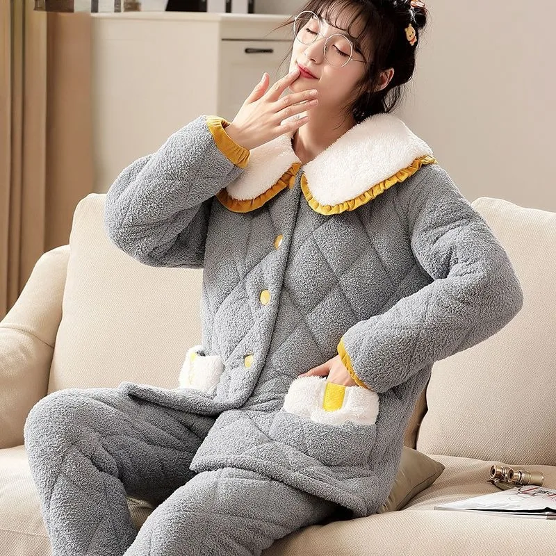 2023 New Triple Layered Cotton Pajamas for Men Women Couples' Homewear Set Autumn Winter Thickened Warm Long Sleeves Loungewear