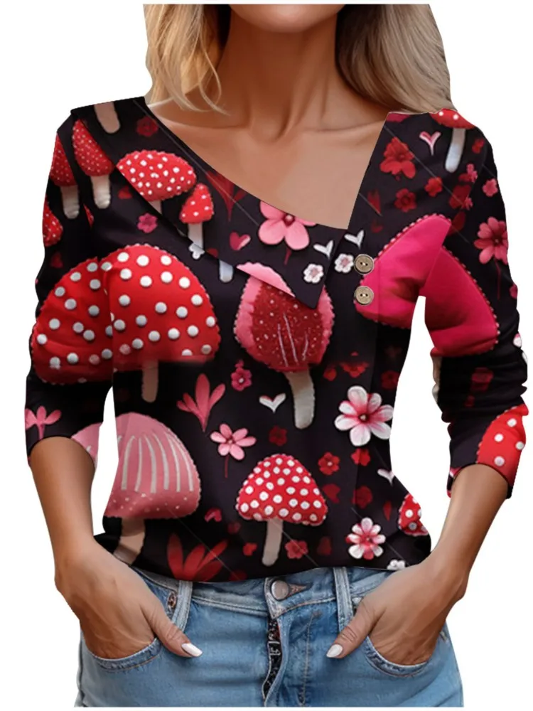 

Модные женские футболки с 3D принтом, весенний Топ с длинным рукавом и косым воротником, Повседневная футболка в стиле Харадзюку, элегантные топы