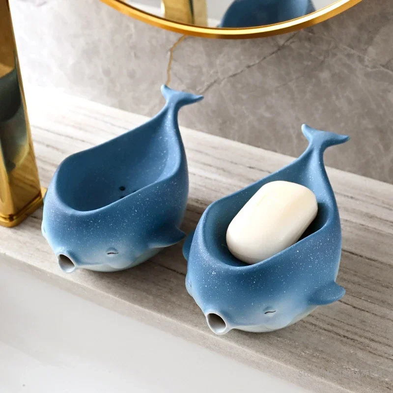 Creative Light Luxury Ceramic Drain Soap Box, Blue Starry Sky Whale Shaped, Home Bathroom Accessories Soap Box Storage Rack, 1Pc