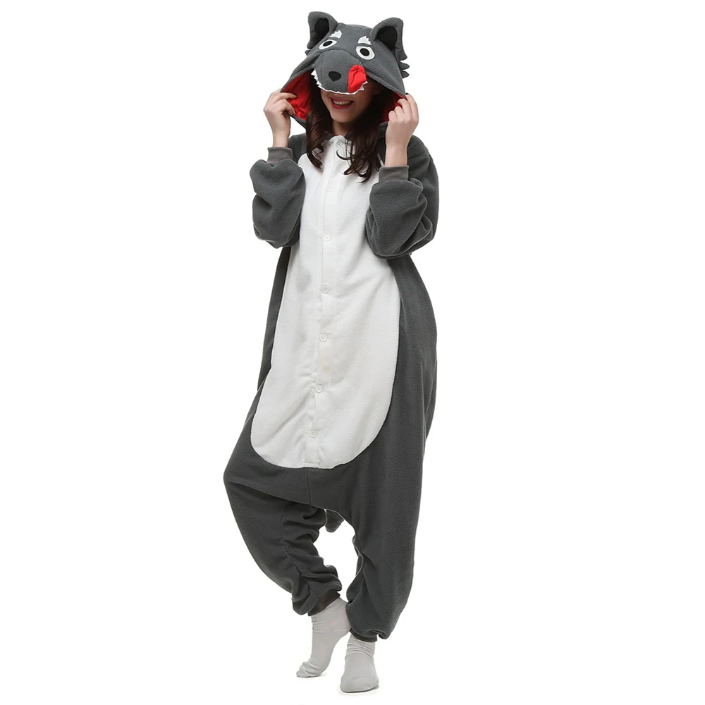 New Grey Wolf Costume Adult Animal Kigurumi Wolf Onesies Hooded Pajamas Halloween Cosplay Costume Jumpsuit Winter Warm Sleepwear
