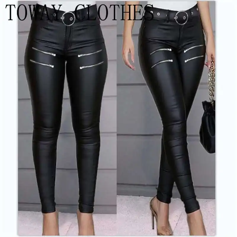 

Women Chic Solid Casual PU Leather Zipper Decoration Skinny Pencil Pants