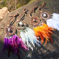 Natural Crystal Handmade Dream Catcher with Feathers Amethyst Citrine Lapis Lazuli Red Agate Raw Chip Stone Car Hanging Ornament 1