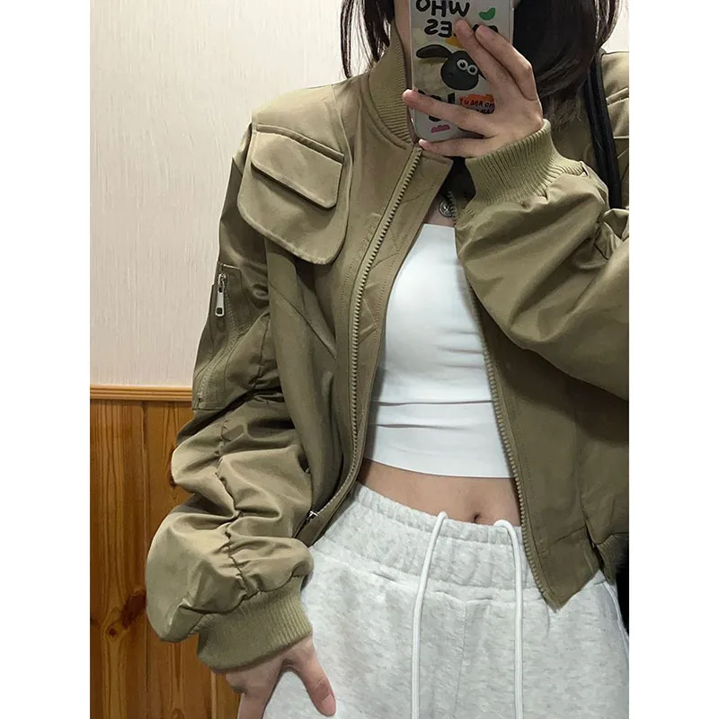 

Zoki Vintage Bomber Cropped Jackets Women Y2K American Motorcycle All Match Short Coat Korean Streetwear Casual Zipper Outerwear