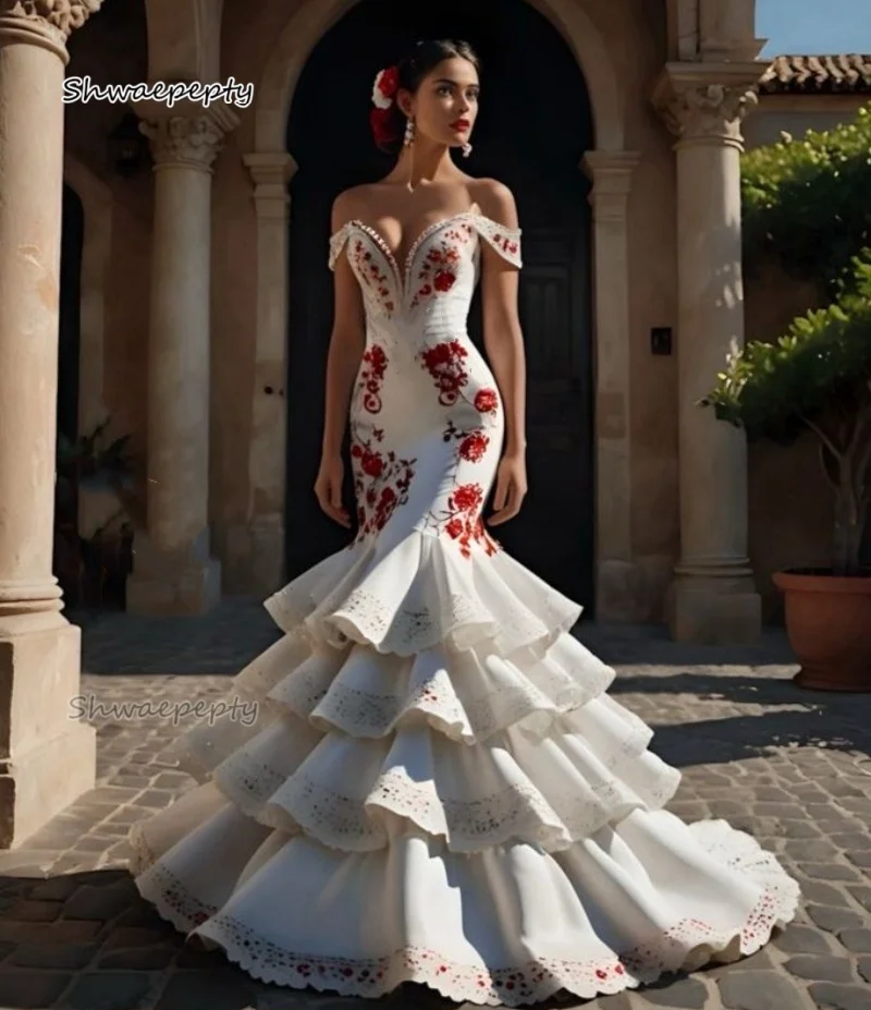 chinese dress ladies Unique Red Rose White Mermaid Wedding Dress main image 1