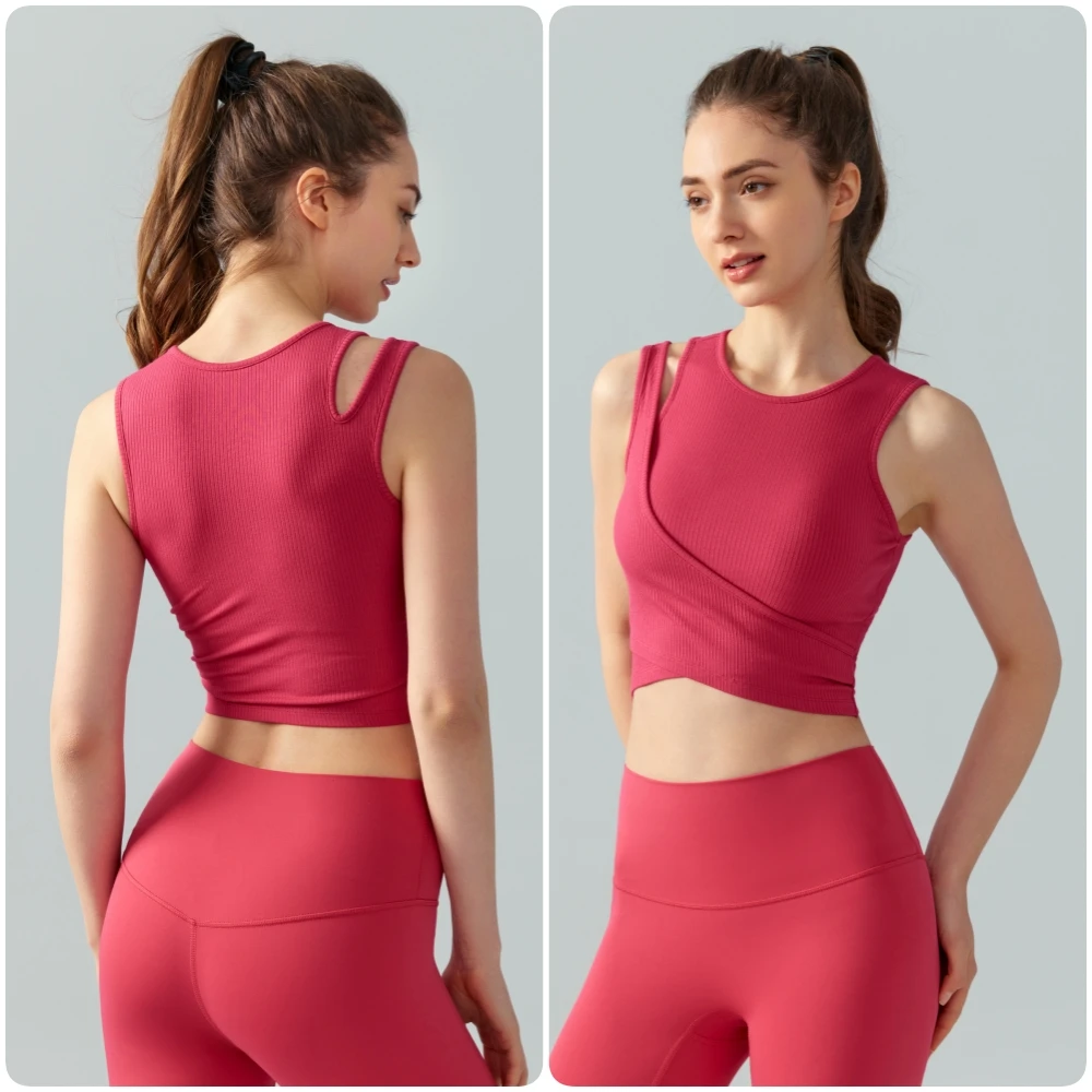 

Emily New Sportswear Splicing Fake Two Yoga Vest Integrated Fixed Cup Running Top Outfit Solid Color Sleeveless Fitness Tank Top