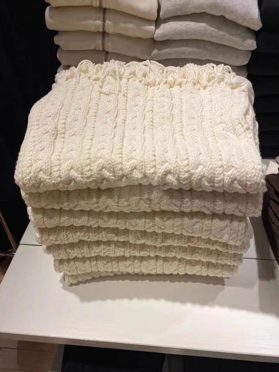 Tassel Twisted Flower Knitted Scarf For Woman Autumn Winter Unisex Thick Warm Long Size Casual Beige Sweet Scarves Hand Made