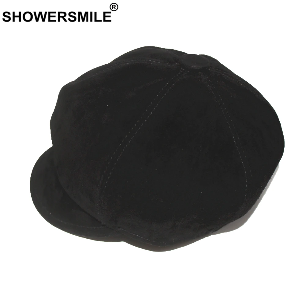 SHOWERSMILE Black Genuine Suede Leather Newsboy Cap Ladies Beret Autumn Winter Hats for Women British style Female Painter Hat