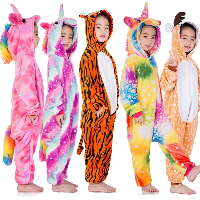 Kigurumi Children Unicorn Tiger Cosplay Costumes Anime Stitch Cartoon Pajamas Christmas Halloween Onesies for Kids Girls Boys cosplay costumes children pajamas