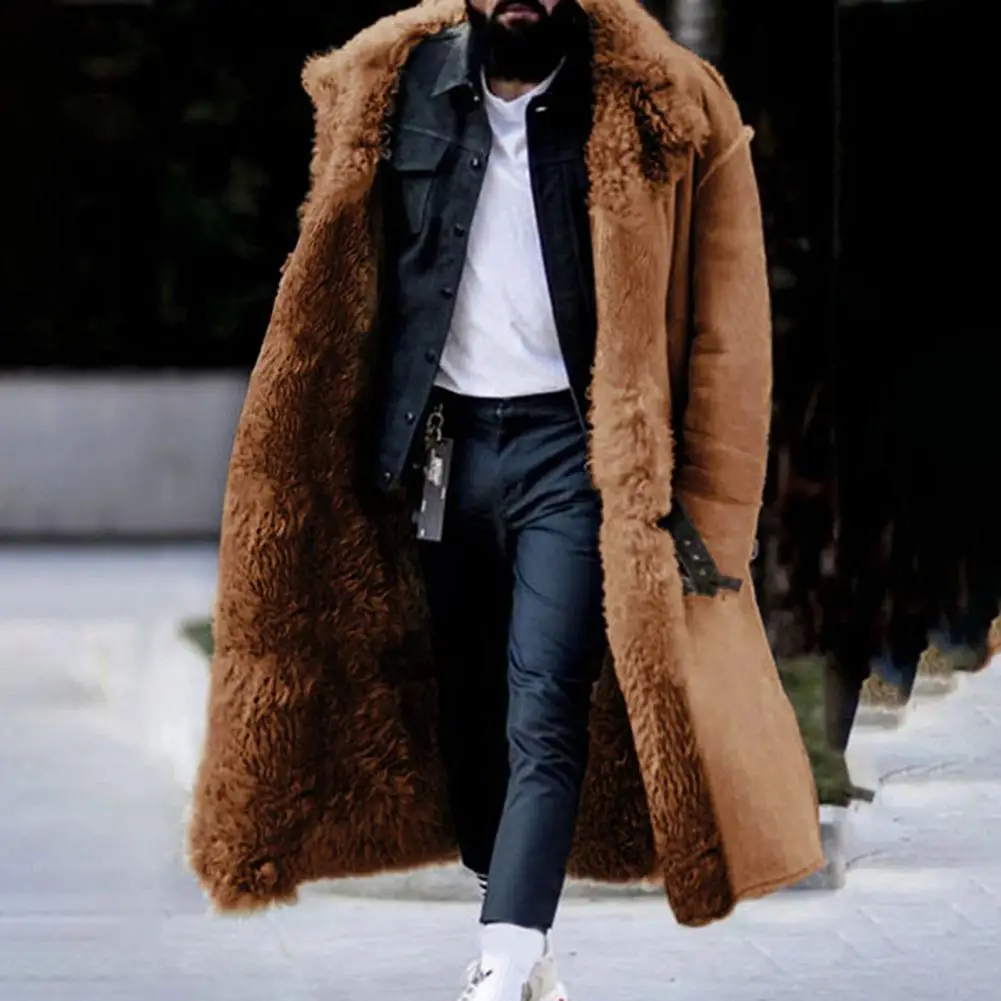 

Мужское теплое плюшевое пальто премиум-класса, мужское зимнее пальто, плотное плюшевое, устойчивое к холоду однобортное уличное теплое пальто средней длины с лацканами
