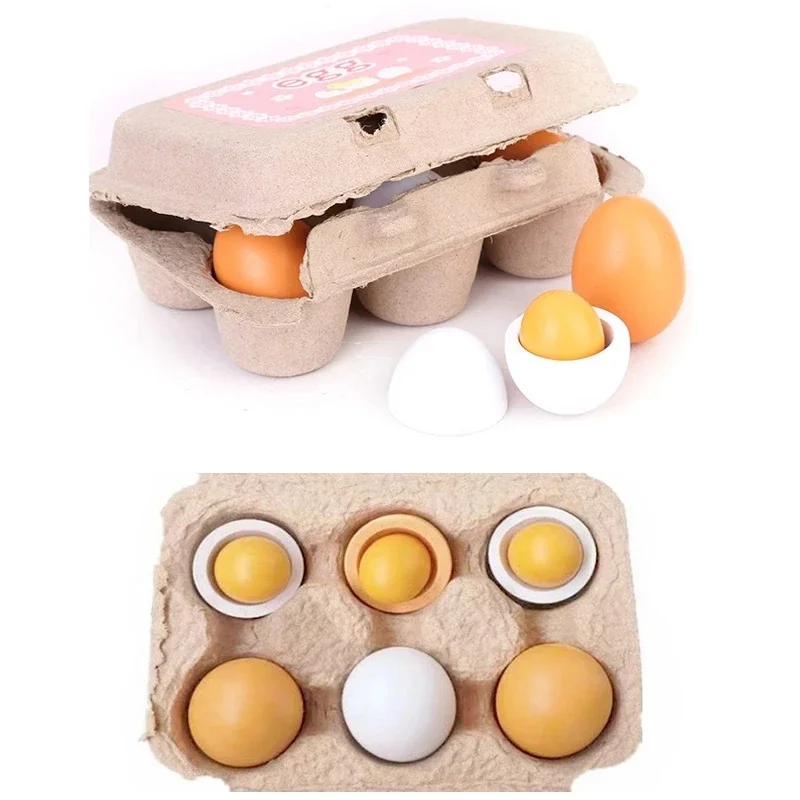 

6 Pcs Toys Set Kids Pretend Play Wood Food Simulation Wooden Eggs Eggs Yolk Kitchen Food Children Kid Education Montessori Toys