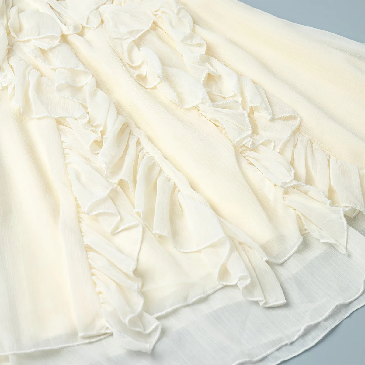 Elegant Chiffon Dress - Womens Spring Deep V Neck Lantern Sleeve Ruffle Tie Waist Skirt