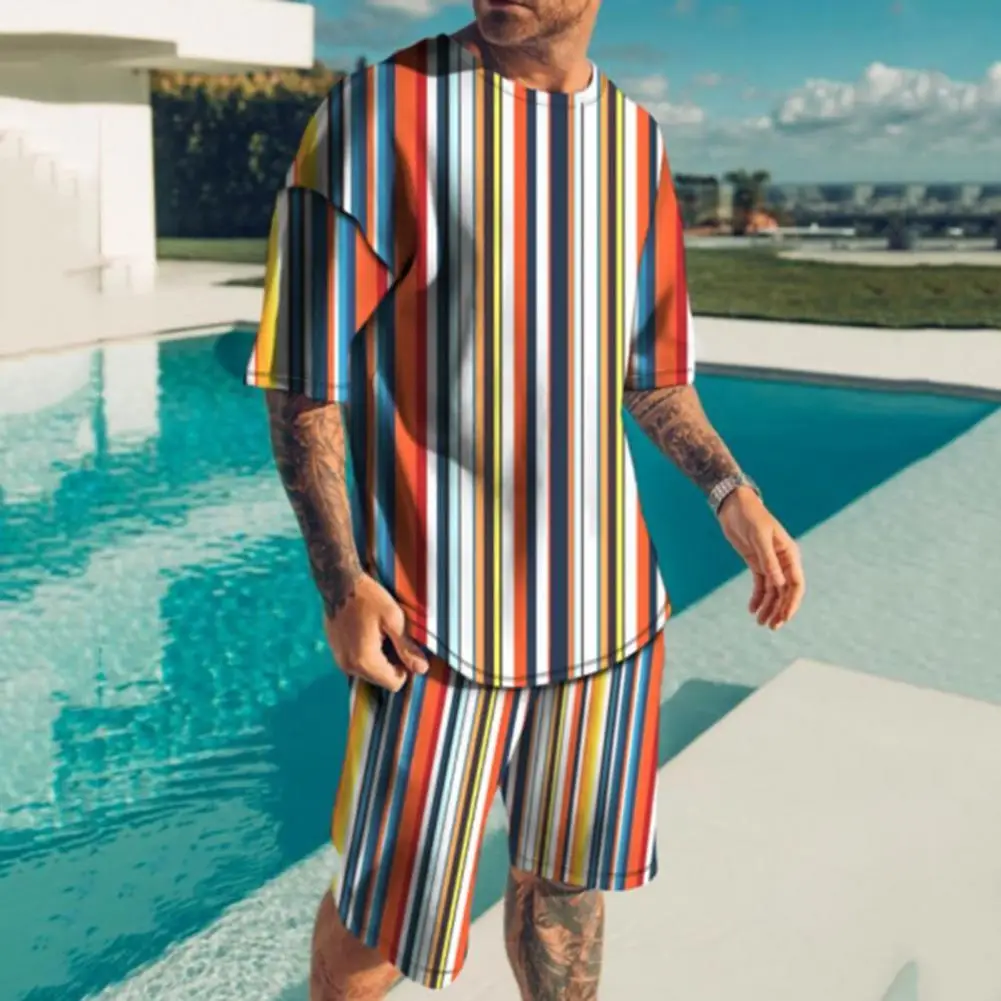 2Pcs/Set O-neck Short Sleeve Pockets Men Summer Outfit 3D Stripe Printing T-shirt Shorts Set for Daily Life