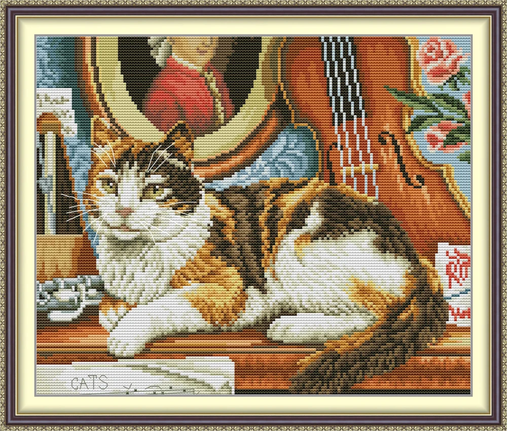 Joy Sunday Kreuzstich-Set, Katze und Gitarre, HD-Muster, gezählter bedruckter Stoff, Canva Aida 16/14/11 CT, DIY-Stickset – Detail 3