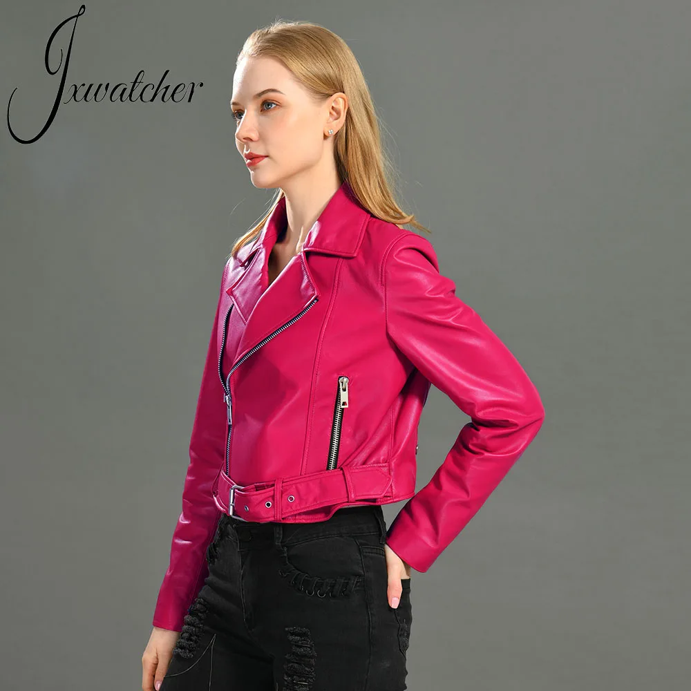 Jxwatcher Women Real Leather Jacket Autumn Cool Style Short