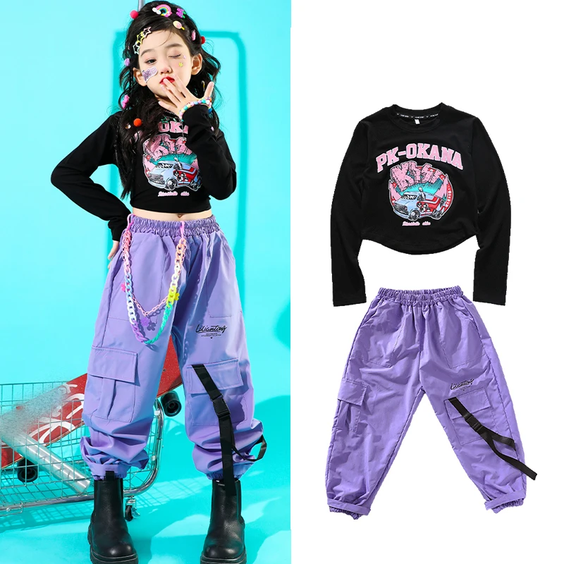 

2023 New Jazz Modern Dance Costumes For Kids Black Crop Tops Purple Cargo Pants Suit Girls Hip Hop Dancing Rave Clothes DQS14218