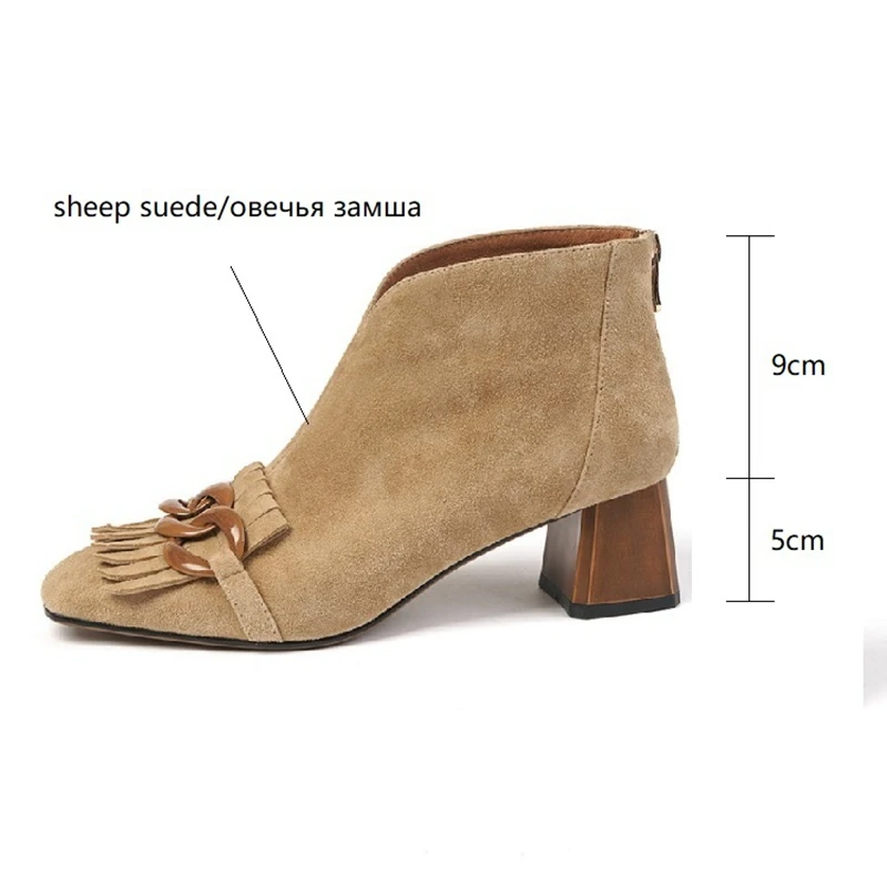 New Autumn/Winter Women Boots Sheep Suade Square Toe Square Heel Mid-Heel Ankle Boots Fringed Zipper Fashion Office Lady Shoes