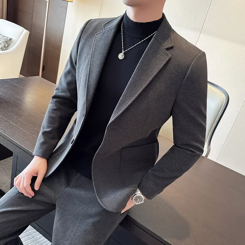 Plus Size 7XL-M ( Jacket+Pant）Autumn Winter Thickened Starry Sky Woolen Suit High Quality Slim Fit Business Social Casual 2 Pcs
