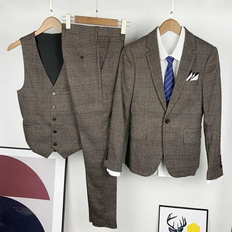 

S-5XL Blazer Vest Pants 3-piece Men's Fashion Boutique Retro Suit Groom Wedding Dress Plaid Suit Suit Business Office Suit