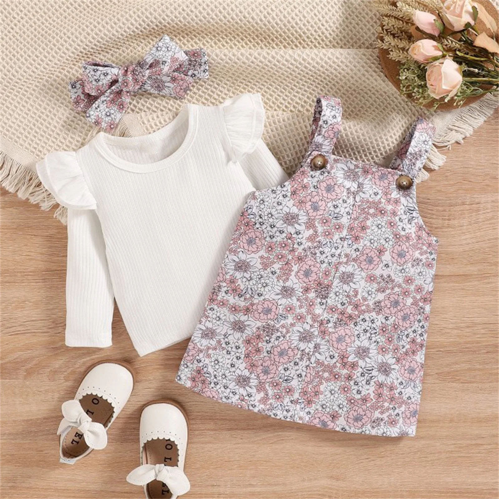 

Kids Girls Clothes Set Newborn Baby Long Sleeve Ribbed Tops Solid Blouse Floral Print Overalls Suspender Skirt+Headbands Outfit