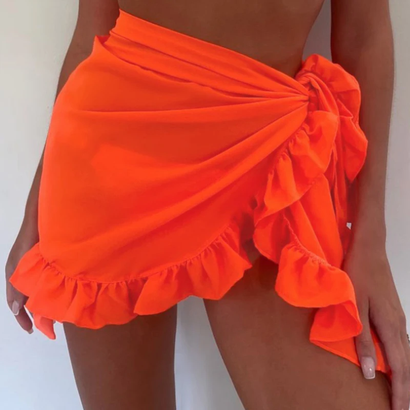 

2023 Mesh Mini Ruffle Skirts Women Cover Up Tassel Dress Bikini Solid Bathing Skirt Women Swimwear Pareo Scarf Beachwear Wrap