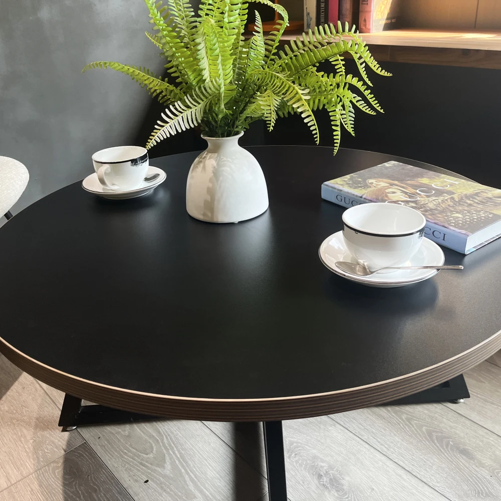 Round Coffee Table Wood Grain and Black Metal